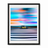 Framed wall art print featuring a tokyo taxi in profile against a vivid abstract background of horizontal light streaks in blue, purple, pink, orange, and white, shown in a black frame on a light gray background.