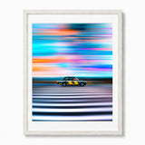 Framed wall art print featuring a tokyo taxi in profile against a vivid abstract background of horizontal light streaks in blue, purple, pink, orange, and white, shown in a white wood frame on a light gray background.