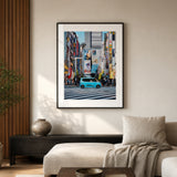 A framed print of Shinjuku Japan including a Godzilla head, set in a black frame in a living room