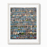 A framed art print featuring a detailed aerial-style photograph of a dense row of houses in Copenhagen, called Potato Rows, in a white frame.
