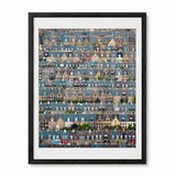 A framed art print featuring a detailed aerial-style photograph of a dense row of houses in Copenhagen, called Potato Rows, in a black frame.