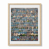 A framed art print featuring a detailed aerial-style photograph of a dense row of houses in Copenhagen, called Potato Rows, in a light wood frame.