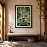 A framed vertical art print ikoma cable car in Japan, displayed on a beige wall in a styled entryway, set in a black frame. 