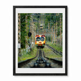 A framed photographic art print featuring a colorful cable car at Ikoma, Japan, with large round sunglasses on a railway track, surrounded by greenery and overhead wires. The print is presented in a white mat and a black frame against a clean white background.