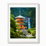 A framed art print featuring a vibrant orange pagoda and a tall waterfall nestled in lush green forest, presented in a white frame against a light gray background.