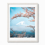 Framed wall art featuring a scenic photograph of Mount Fuji framed by pink cherry blossom branches, displayed in a light wood frame against a white background.