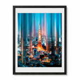 Framed wall art featuring a stylized nighttime cityscape with the Tokyo Tower illuminated, shown against a clean white background.